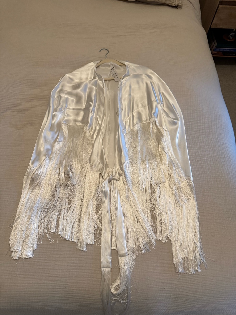 Cult Gaia Silky Ivory Fringe Kimono Wrap